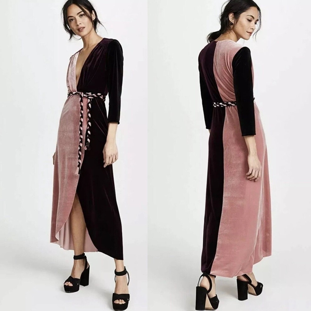 Misa Los Angeles Long Sleeve Belted Wrap Velvet Colorblock Dress Pink Purple XS